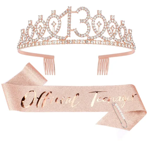 CIEHER Juego de corona y banda de cumpleaños número 13, tiara de oro rosa, regalos para adolescentes Juego de banda y tiara número 13