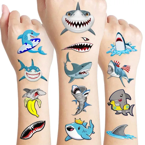 60 tatuajes temporales de tiburón para niños, calcomanías de tatuaje falsas precortadas para niños y niñas, temática de océano bajo el mar,