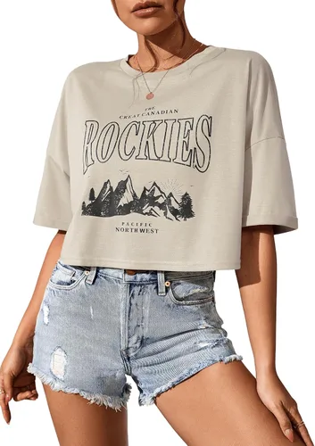 SweatyRocks Women's Letter Graphic Print Streetwear Tops Summer Half Sleeve Crop Loose Casual Tee Shirts
