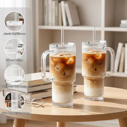 Miniatura 4 de INSETLAN Vaso de vidrio acanalado de 24 onzas con asa y tapa, paquete de 2 tazas grandes para café helado con pajitas, taza de vidrio moderna