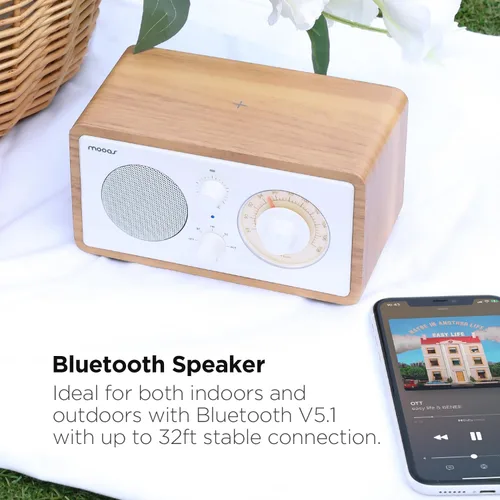 Miniatura 3 de mooas Radio de carga inalámbrica con esfera clásica, altavoz Bluetooth retro (negro), cargador inalámbrico máximo de 10 W, radio FM, modo SD/Aux