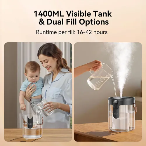 Miniatura 8 de KIMMOO Humidificador portátil recargable de llenado superior, humidificadores inteligentes para dormitorio, luz nocturna, humidificador de niebla