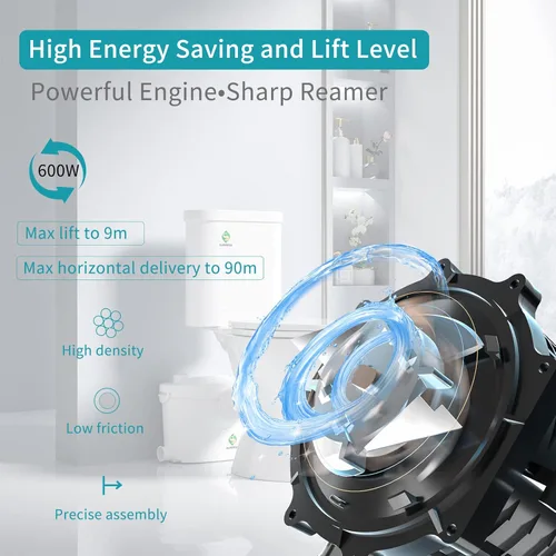 Miniatura 3 de Inodoro Macerador de 600W para Sótano, Sistema de Inodoro de Descarga Ascendente Conecta Inodoro de Doble Descarga y Salida Trasera, Fregadero