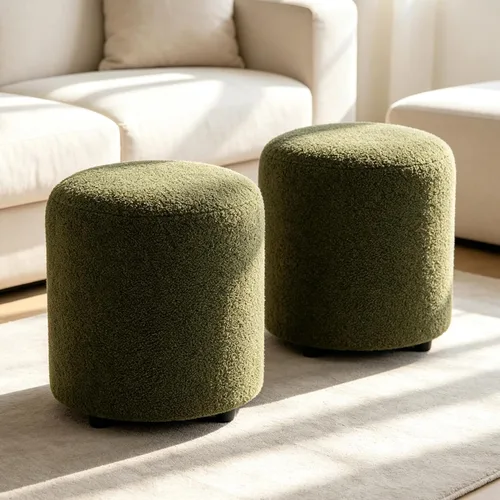 Miniatura 10 de YDcosyfy Otomana redonda moderna, otomana clásica, taburete tapizado de vellón de peluche para maquillaje, dormitorio, sala de estar, verde oscuro