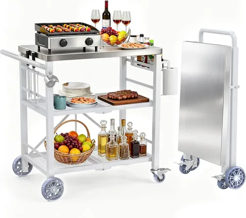 Miniatura 9 de Mesa de parrilla de 32x20 Pulgadas con Dobles Estantes, Carro de Parrilla al Aire Libre para Plancha Blackstone, Carro de Mesa de Horno de Pizza