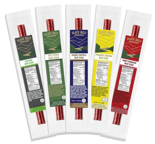 Slate Belt Smokehouse Paquete variado de palitos de carne – Palitos de carne seca de cerdo y ternera envueltos individualmente, sin gluten, sin MSG,
