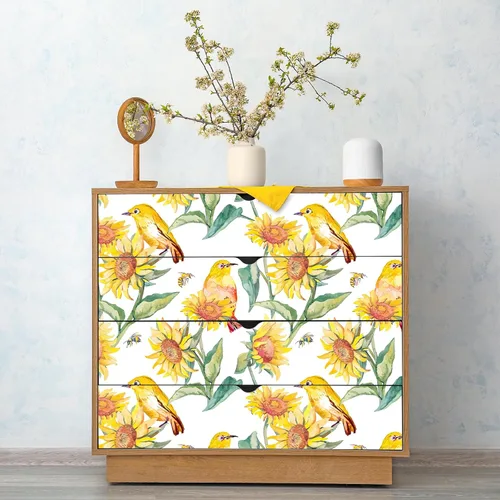Miniatura 4 de VaryStyle Papel tapiz vintage de girasol de 17.7 x 118 pulgadas, acuarela amarillo brillante/verde, pájaros florales, despegar y pegar, papel
