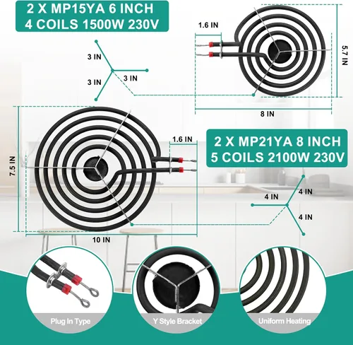 Miniatura 3 de Sartenes de goteo para quemador de estufa eléctrica W10196405 W10196406 y juego de unidades de quemador eléctrico MP21YA MP15YA para estufa y horno