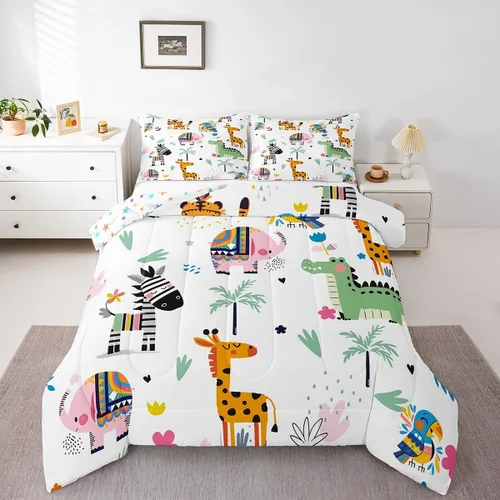 Miniatura 11 de Feelyou Juego de edredón de animales de zoológico, tamaño individual, juego de ropa de cama de animales de dibujos animados para niños, niñas