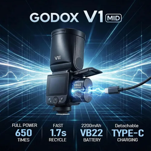 Miniatura 10 de Godox V1 MID C Flash para Canon, pantalla táctil Speedlite de cabeza redonda de 55 W, actualización de 0.945 in, 650+Full Power Pops, reciclaje