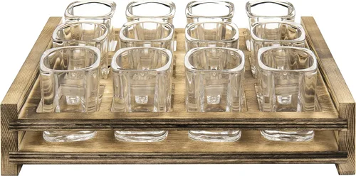 Miniatura 6 de Juego de servicio de vasos de chupito MyGift Incluye 12 vasos de chupito cuadrados y bandeja de servidor ranurada de madera marrón quemada Marrón