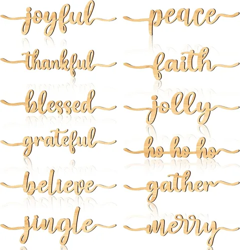 Miniatura 10 de 12 piezas de letreros de madera con palabras navideñas recortadas "Joyful Merry Thankful Grateful Blessed Peace Gather" para decoración de plato