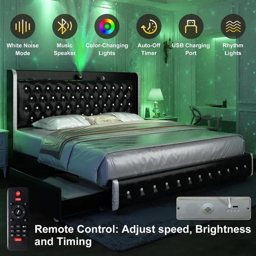 Miniatura 3 de GEGOFORU Base de cama Queen con luces LED y proyector de galaxia, moderna plataforma con respaldo alado con 4 cajones de almacenamiento, puertos