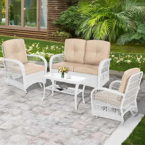 Miniatura 17 de MEETWARM Juego de 3 piezas de mimbre giratorio para patio al aire libre, mecedoras, juegos de muebles de patio de ratán con cojín grueso y mesa