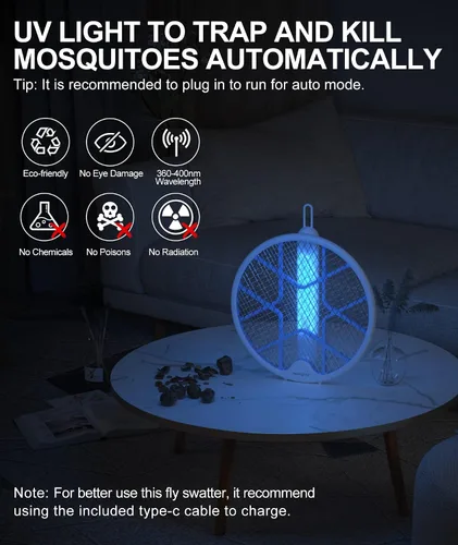 Miniatura 3 de MOSQZAP Matamoscas eléctrico, raqueta plegable para exterminador de insectos, matamoscas electrónico de 3,500 voltios con atractor de luz púrpura