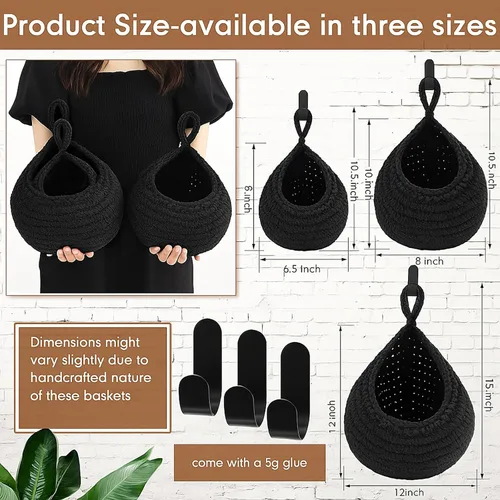 Miniatura 3 de Honeydak Cestas colgantes de pared bohemias para cocina, paquete de 3 cestas de lágrima con ganchos, almacenamiento de frutas, cebollas, verduras