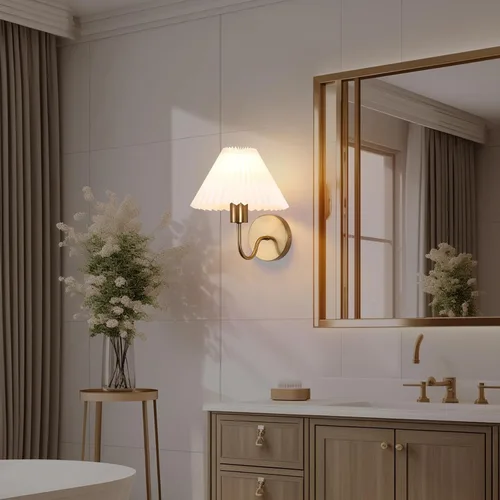 Miniatura 2 de Juego de 2 apliques de pared de latón cepillado con pantalla plisada blanca, lámpara de pared dorada de cuello de cisne para interiores, tocador