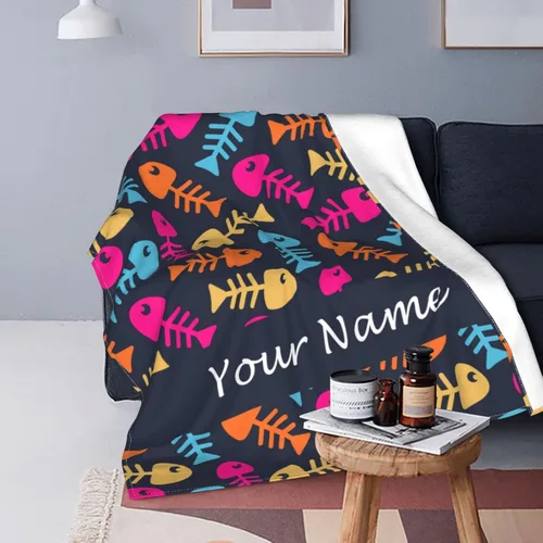 Miniatura 4 de Manta personalizada con texto de tu nombre, mantas de vellón coloridas personalizadas con huesos de pescado para adultos, niños, familia