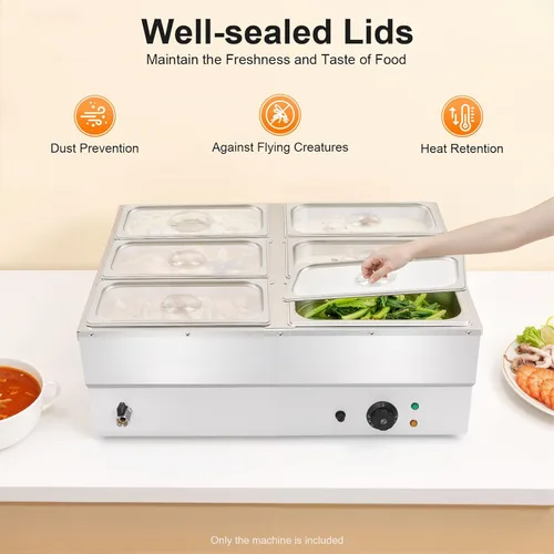 Miniatura 3 de Calentador de alimentos eléctrico comercial de 6 bandejas, 110 V, 850 W, de acero inoxidable, para encimera de bufé, vaporizador de vapor, mesa de 6
