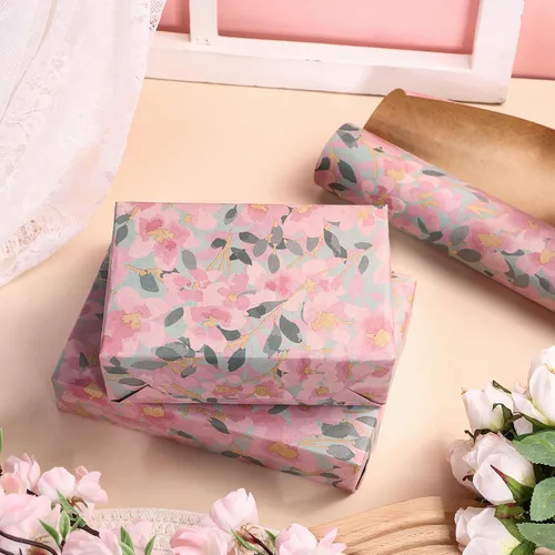 Miniatura 4 de RUSPEPA Rollo de papel de regalo floral para mujer, mini rollo, flor rosa con papel kraft de follaje, papel de regalo vintage gris para cumpleaños