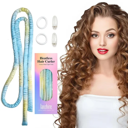 Lanzhire Diadema rizadora sin calor para rizos nocturnos, rizadores sin calor para cabello largo y corto (teñido anudado azul)
