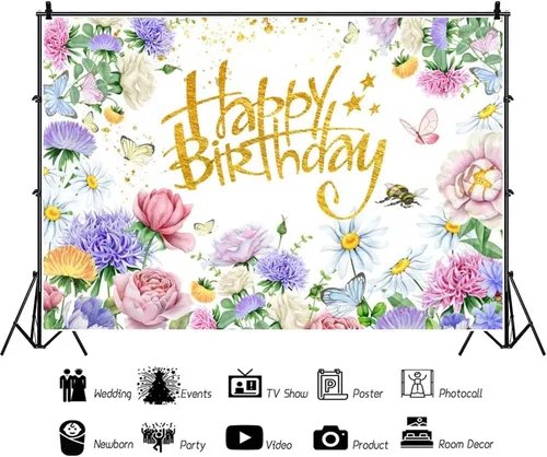 Miniatura 2 de Renaiss Telón de fondo de cumpleaños de flores silvestres de 7 x 5 pies, flores de jardín de primavera, fondo de fotografía de cumpleaños, acuarela