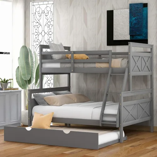Miniatura 3 de Merax Litera individual sobre cama matrimonial con escalera, cama nido tamaño individual, barandilla de seguridad, gris con nido