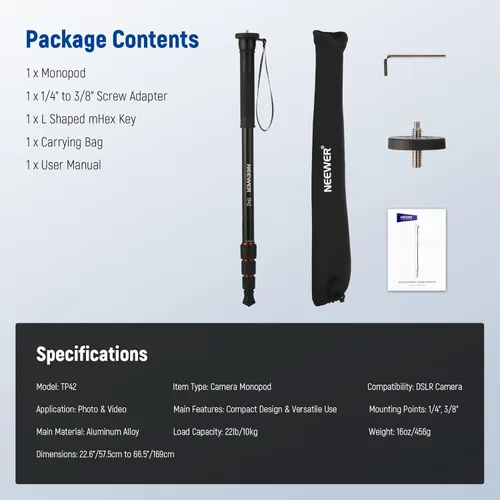 Miniatura 8 de NEEWER Soporte monopie para cámara de 66.5 pulgadas, palo de aluminio ligero para selfie de viaje para videocámara DSLR, fotografía y grabación