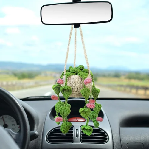 Planta colgante de ganchillo para automóvil, lindas plantas en maceta, decoración de ganchillo, accesorios colgantes para espejo de automóvil,