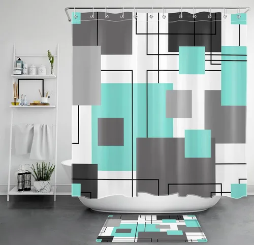 Miniatura 20 de LB Cortina de ducha geométrica a rayas grises y blancas, cortinas de ducha abstractas de mediados de siglo verde salvia para baño, 72 x 72 pulgadas