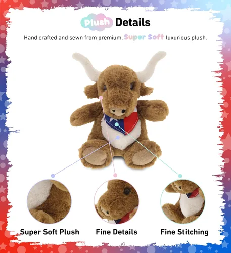 Miniatura 2 de DolliBu Texas Longhorn - Lindo animal de peluche de animales de granja con bandana de bandera de Texas, juguete de vaquero de Texas de cuerno largo
