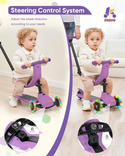Miniatura 4 de KRIDDO - Patinete 3 en 1 para niños de 1 a 5 años, patinete plegable con 3 ruedas iluminadas, tabla ancha, altura ajustable, manillar para aprender