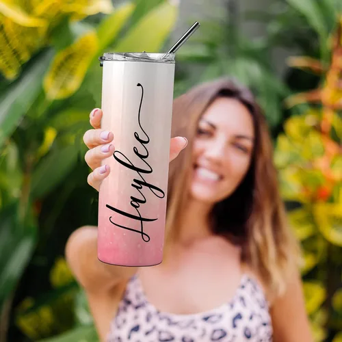 Miniatura 4 de Regalos individuales personalizados para mujer, vaso delgado personalizado de 20 onzas con pajita, regalo para ella 12 fuentes, 30 colores Vaso