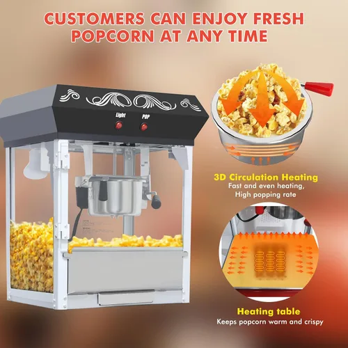 Miniatura 6 de Máquina para hacer palomitas de maíz Nyddle con carrito y hervidor de 8 onzas, máquina de palomitas estilo vintage con ruedas con vidrio templado