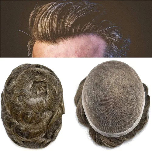 Miniatura 45 de Toupee para hombres Piezas de cabello humano real, encaje francés completo para hombres, pieza de cabello, nudos blanqueados, línea capilar natural