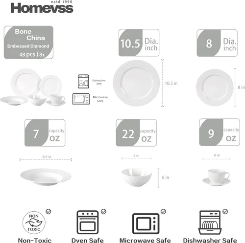 Miniatura 3 de HomeVss, nuevo juego de vajilla de porcelana de hueso, diseño de diamante en relieve, juego de 48 piezas Diamond
