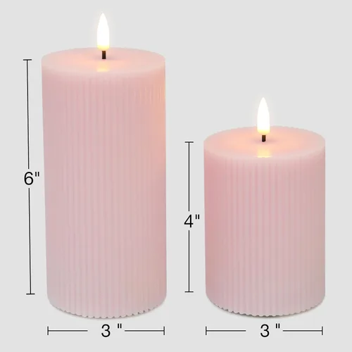 Miniatura 2 de Velas de pilar sin llama acanaladas rosadas con control remoto, velas LED parpadeantes de cera que funcionan con pilas, juego de 2
