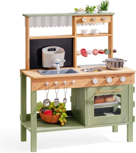 Miniatura 11 de ROBOTIME Kids Mud Kitchen, Wooden Mud Kitchen for Kids Outdoor with Real Water Play Sink, BBQ Grill, Coffee Maker & Planting Station, Large Storage