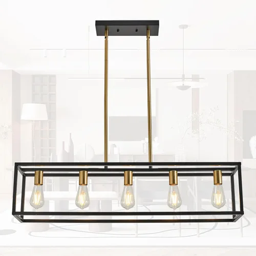Miniatura 17 de Lámparas de Cocina para Comedor, Candelabros Rectangulares de Estilo Granja para Comedores, Lámpara Colgante Industrial de 5 Luces en Negro Mate