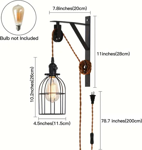 Miniatura 5 de Juego de 2 lámparas colgantes enchufables, lámpara de pared con polea de granja con cable e interruptor de enchufe marrón de 7 pies, lámparas