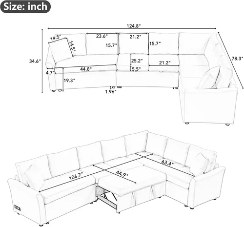 Miniatura 2 de JIVOIT Sofá cama moderno en forma de L con dos almohadas de respaldo, sofá cama modular de 124.8 pulgadas con cama extraíble, sofá modular Beige 052