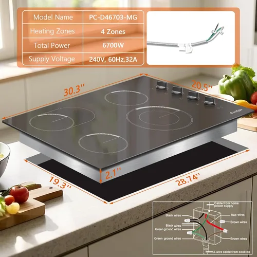 Miniatura 4 de Estufa eléctrica de 29.13 pulgadas, 4 quemadores integrados (29.13 x 19.3 pulgadas), estufa de cerámica de vidrio 6700 W, 30 pulgadas con anillo