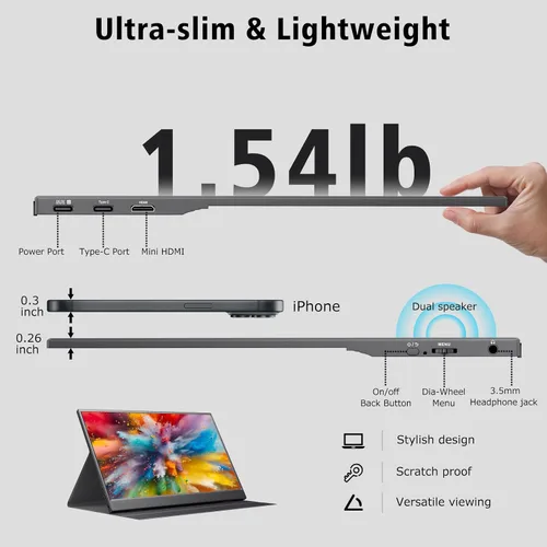 Miniatura 4 de Monitor portátil de 15.6 pulgadas 1080P FHD IPS para juegos con USB-C y HDMI, pantalla externa ultradelgada de peso ligero con cubierta inteligente