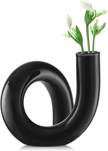 Joeyan Jarrón pequeño de cristal negro hecho a mano, florero decorativo geométrico de cristal para centros de mesa modernos del hogar, sala de