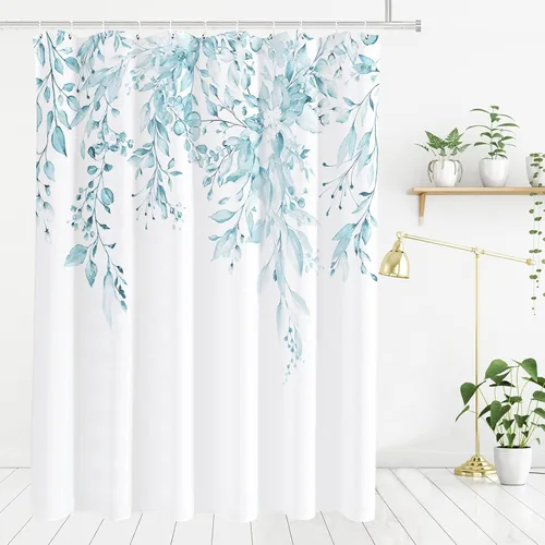 Miniatura 107 de Tititex Spun Sugar - Juego de cortinas de ducha de eucalipto azul claro, hojas de acuarela brillantes en la parte superior, decoración floral