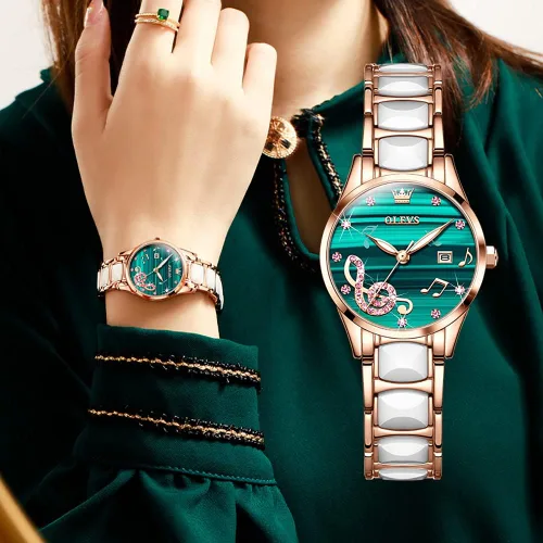 Miniatura 7 de OLEVS Relojes para mujer, oro rosa, de dos tonos, de moda, de cerámica, blanco, esfera rosa, roja, acero inoxidable, fecha impermeable