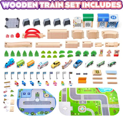 Miniatura 2 de 172 piezas de juego de tren de madera para niños pequeños, vía de tren de madera: expandible y intercambiable, juguetes de tren educativos seguros
