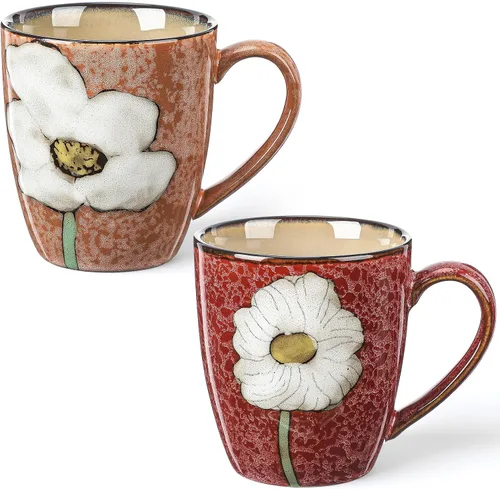 Miniatura 8 de Maxdot Juego de tazas de café de cerámica de 12 onzas, proceso de acristalamiento, taza de capuchino, tazas de té de cerámica floral, regalo