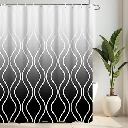 Miniatura 19 de Cortina de ducha en blanco y negro, divertido cabezal de ducha y gotas de agua, cortinas de ducha para baño, lavable a máquina, cortina de tela
