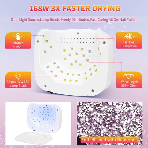 Miniatura 4 de Secadores de lámpara de uñas LED UV, inalámbrico, 168 W, luz UV de diamante para esmalte de uñas de gel, lámpara de gel de construcción de poliéster